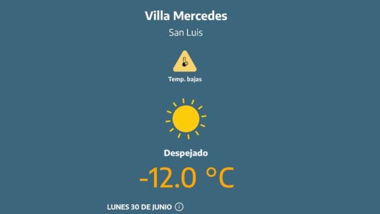 Villa Mercedes amaneció bajo cero: -12°C y alerta amarilla por frío extremo